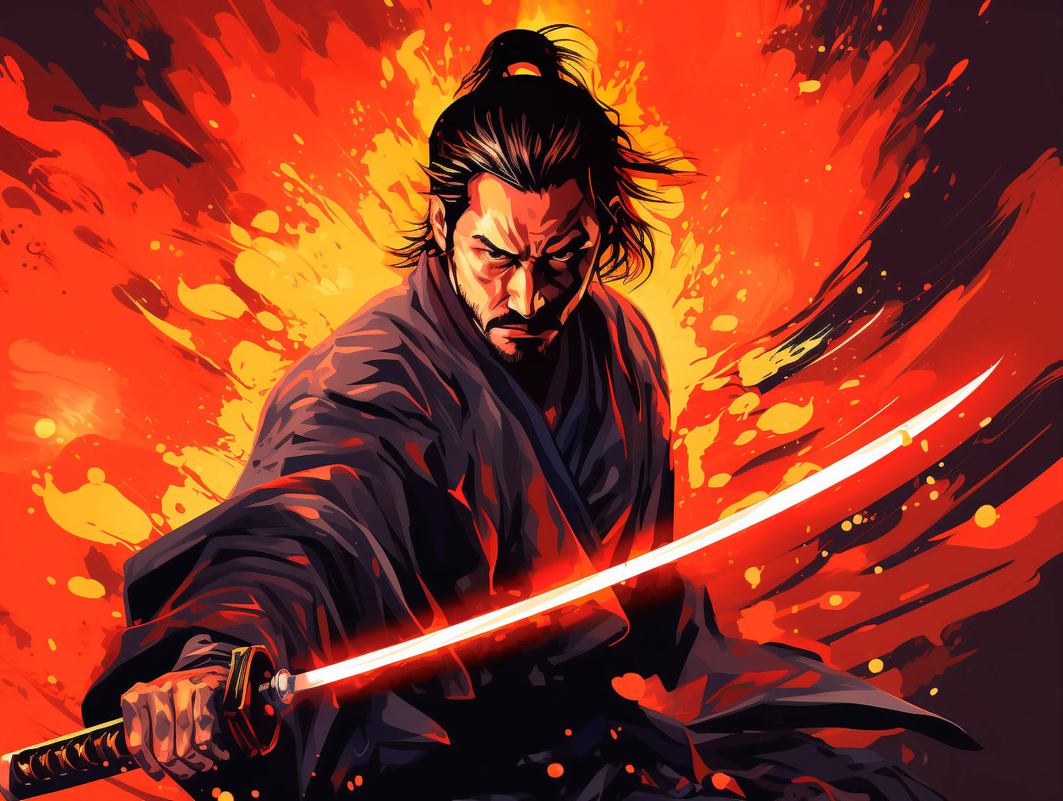 Samurai warrior wielding katana against fiery red and orange background, anime-style artwork for clothing design