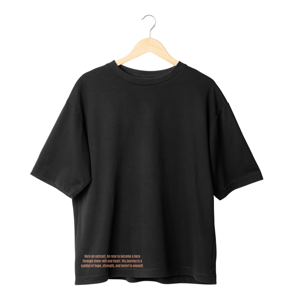 Black Naruto t-shirt on a wooden hanger against a white background