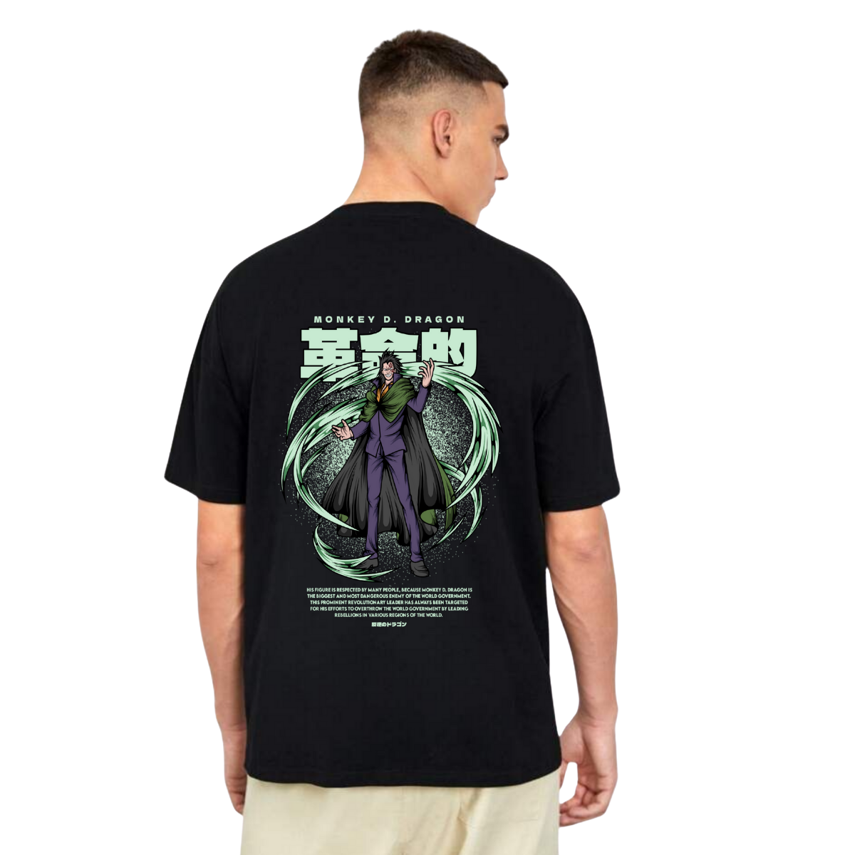 Person wearing a Monkey D Dragon black t-shirt with a graphic design on the back, featuring a character in a green and purple outfit.
