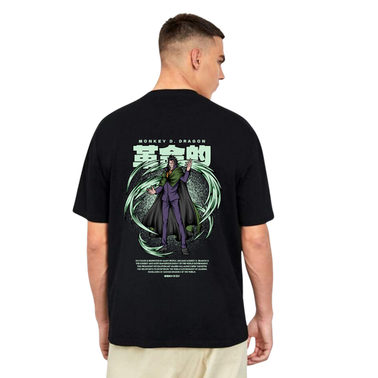 Person wearing a Monkey D Dragon black t-shirt with a graphic design on the back, featuring a character in a green and purple outfit.