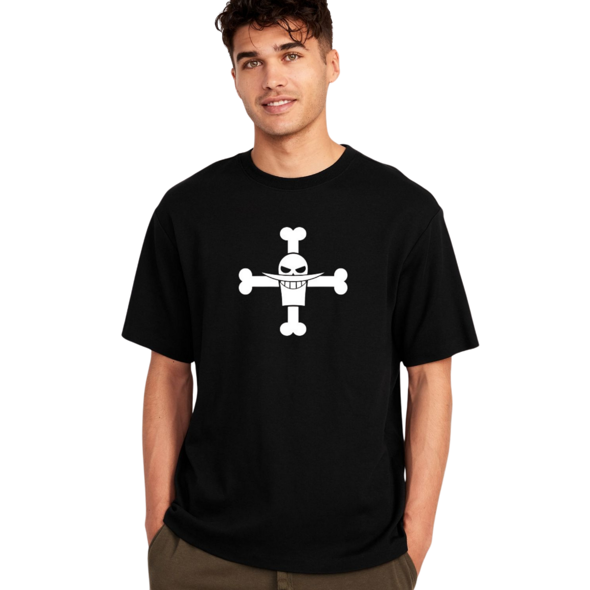 Man wearing a Marco  black t-shirt with a white graphic design on a white background