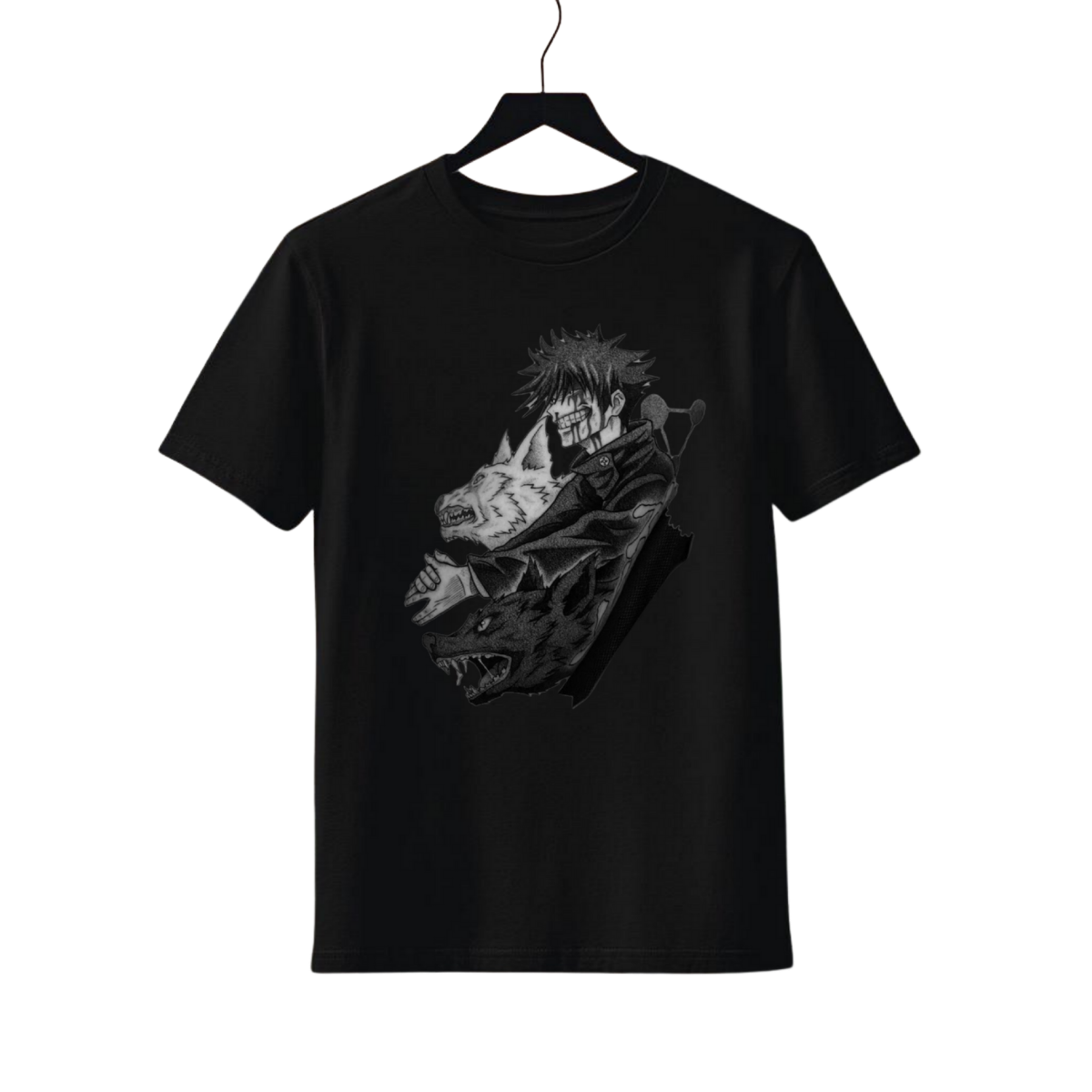 Black T-shirt featuring Jujutsu Kaisen Fushiguro Megumi with two wolf heads graphic design