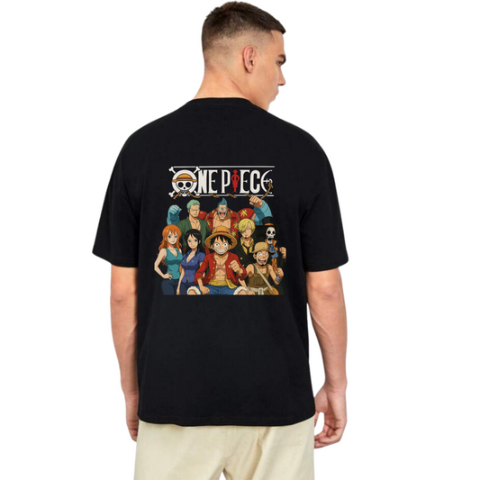 Person wearing a black 'One Piece' t-shirt with character graphic on the back