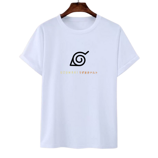 White T-shirt with black spiral symbol and 'UZUMAKI うずまきナルト' text, Uzumaki Naruto design