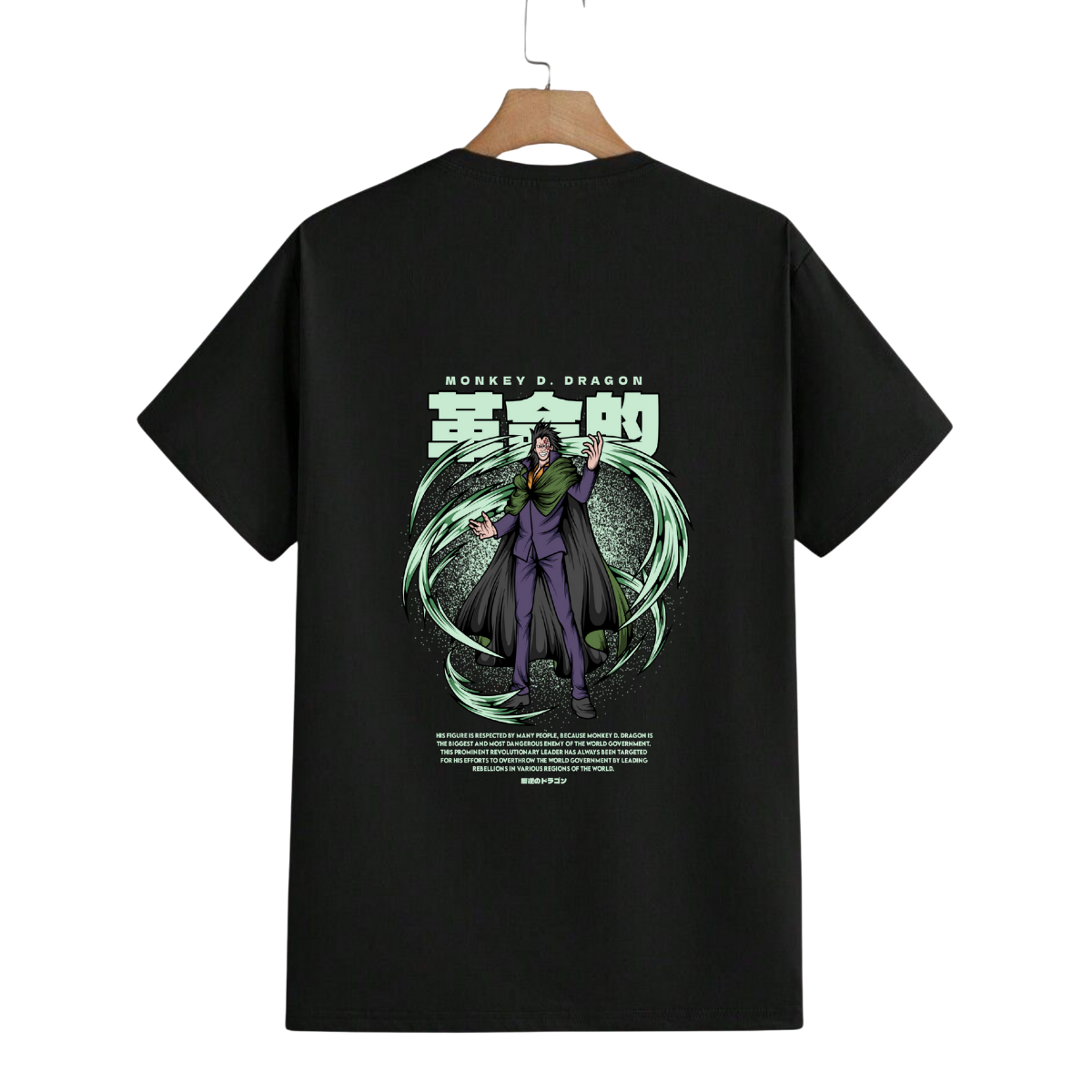Monkey D Dragon Black t-shirt with a graphic design on the back, featuring a character in a purple outfit with green accents.