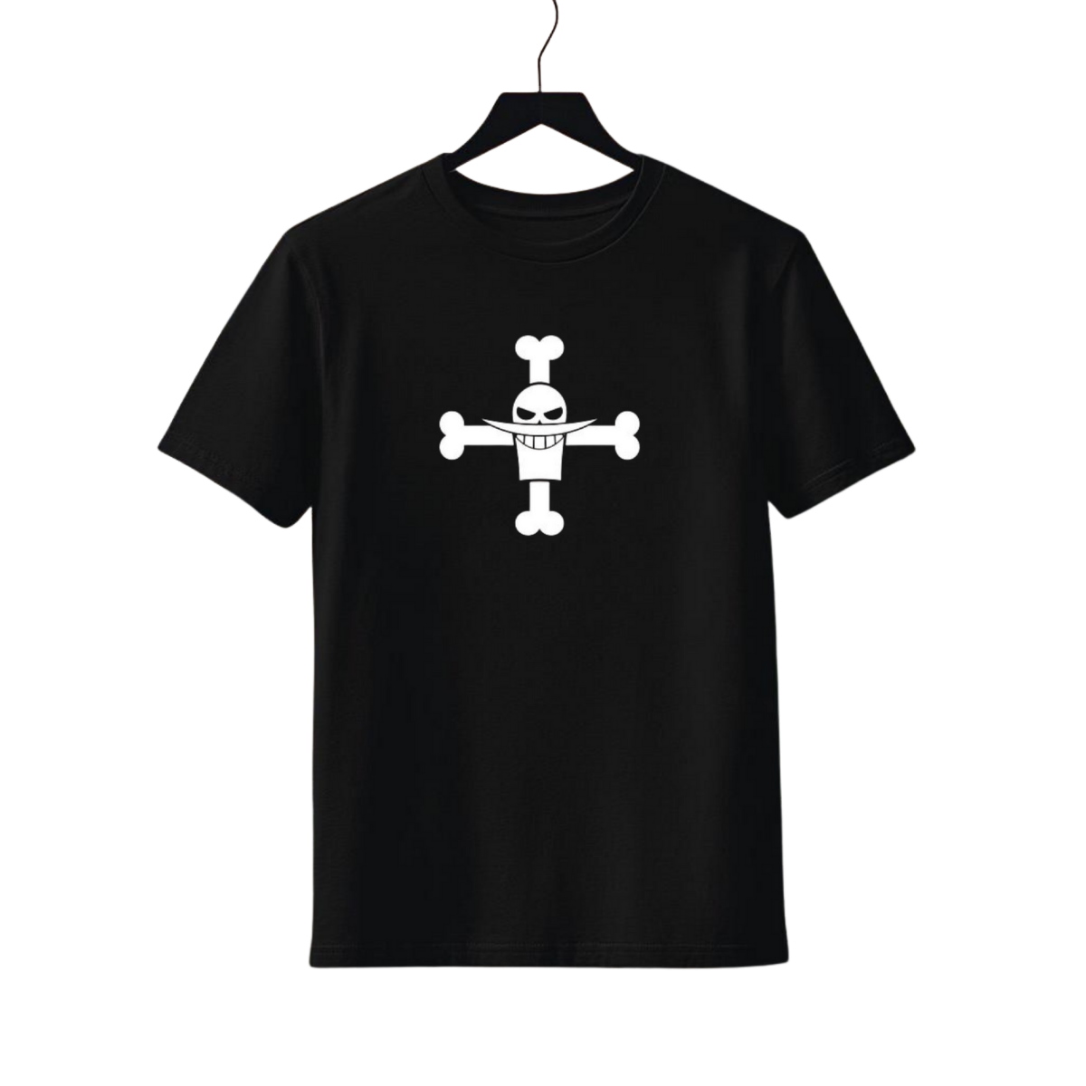 Marco  Black t-shirt with a white graphic design on a hanger against a white background