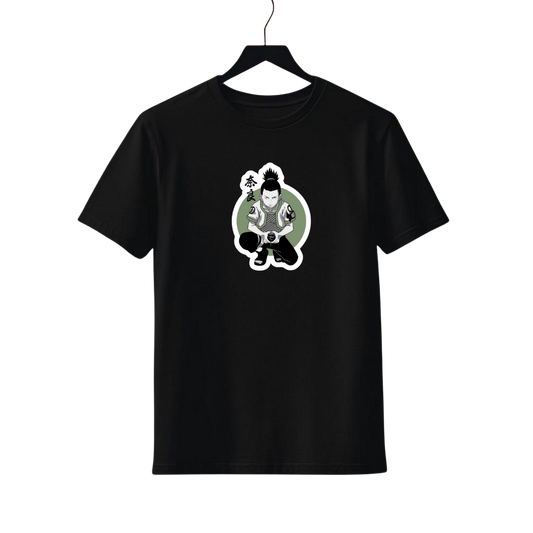 Black Shikamaru T-shirt featuring anime character from Naruto in a crouching pose with Japanese text