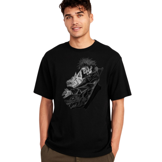 Man wearing a Megumi Fushiguro t-shirt with a graphic design on a white background