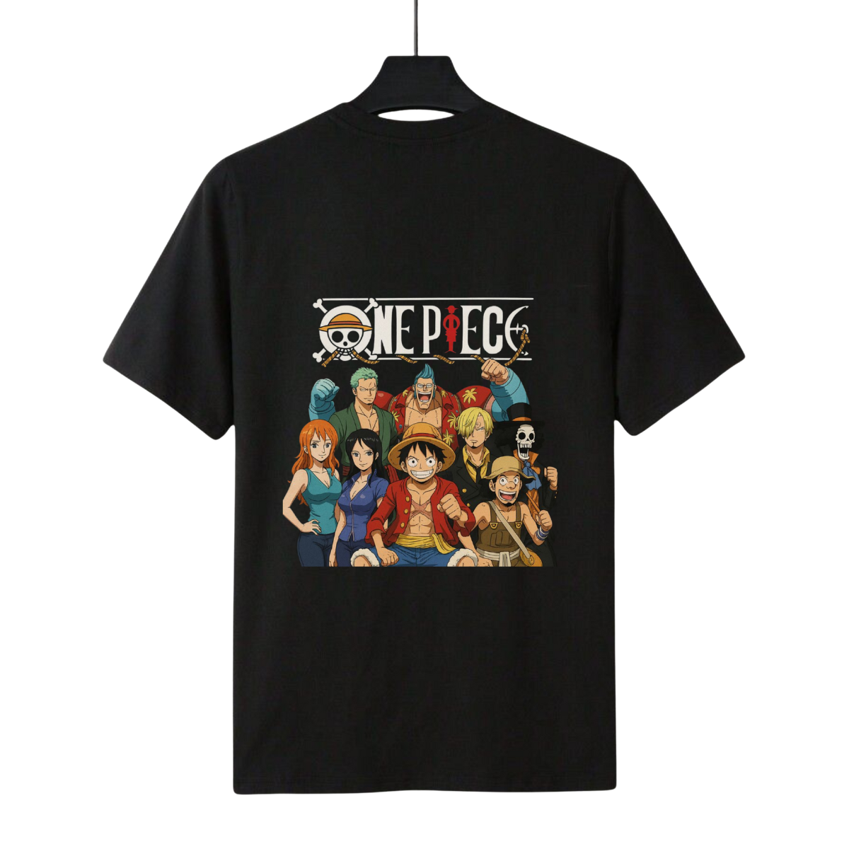Black t-shirt with 'One Piece' character design on a hanger