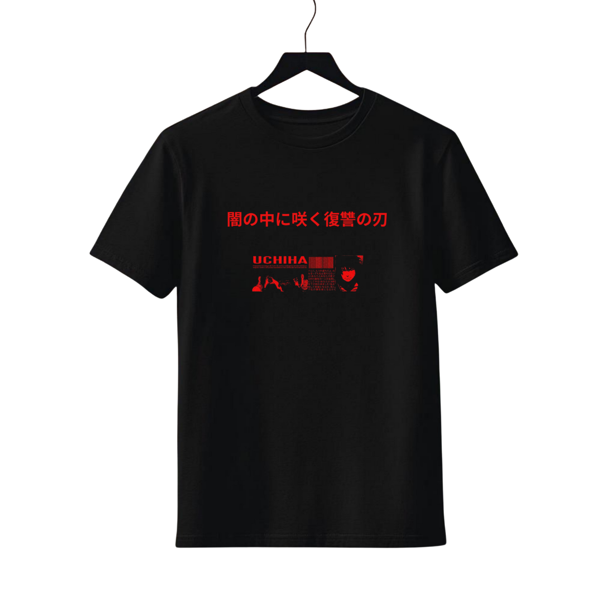 Black UCHIHA anime T-shirt with red Japanese text and character designs hanging on hanger