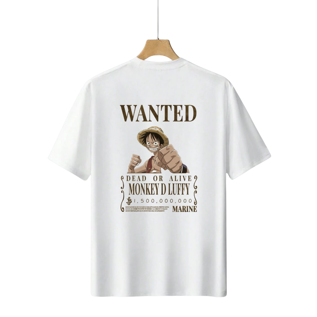 One Piece White t-shirt with anime character and 'Wanted' poster design on a white background
