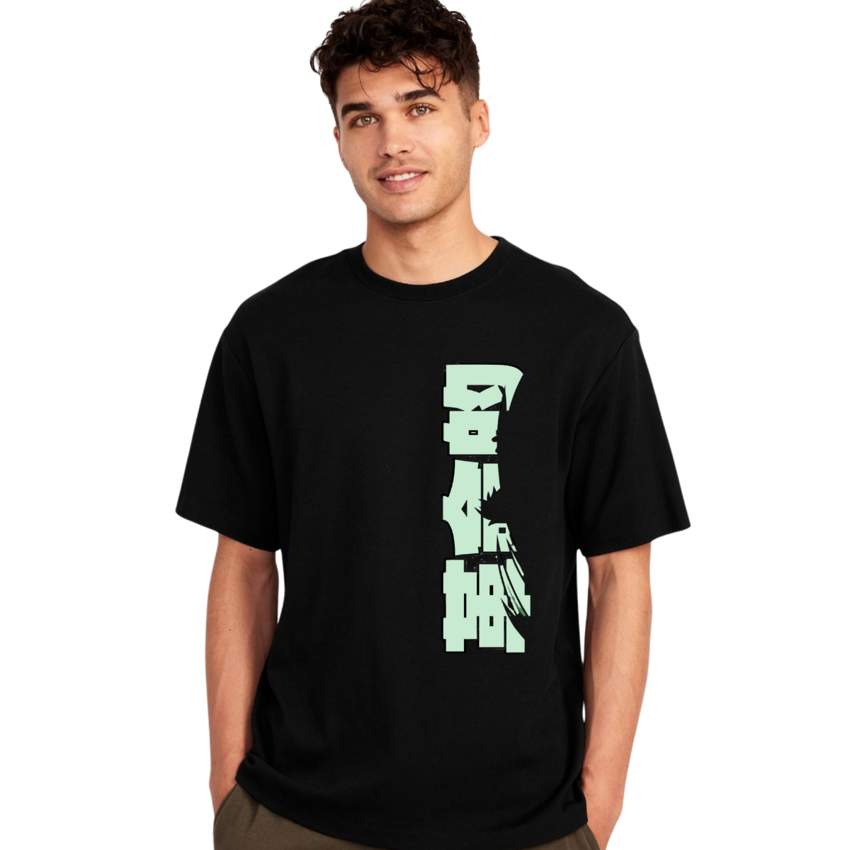 Man wearing a Monkey D Dragon black t-shirt with green graphic design on a white background