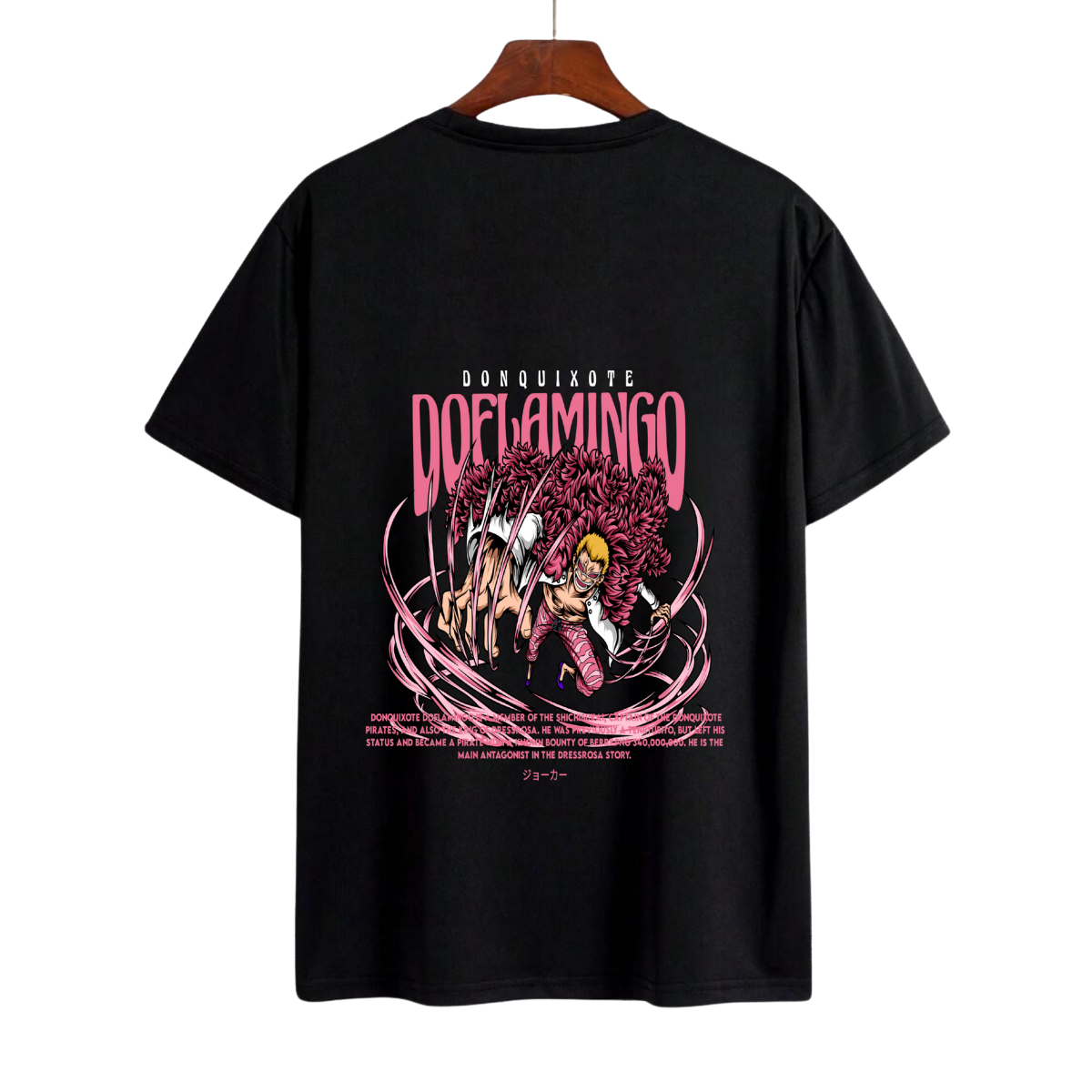 Donquixote doflamingo Black t-shirt with pink graphic design on a white background