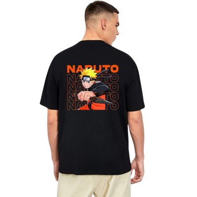 Man wearing black Naruto t-shirt with character graphic and orange text on back