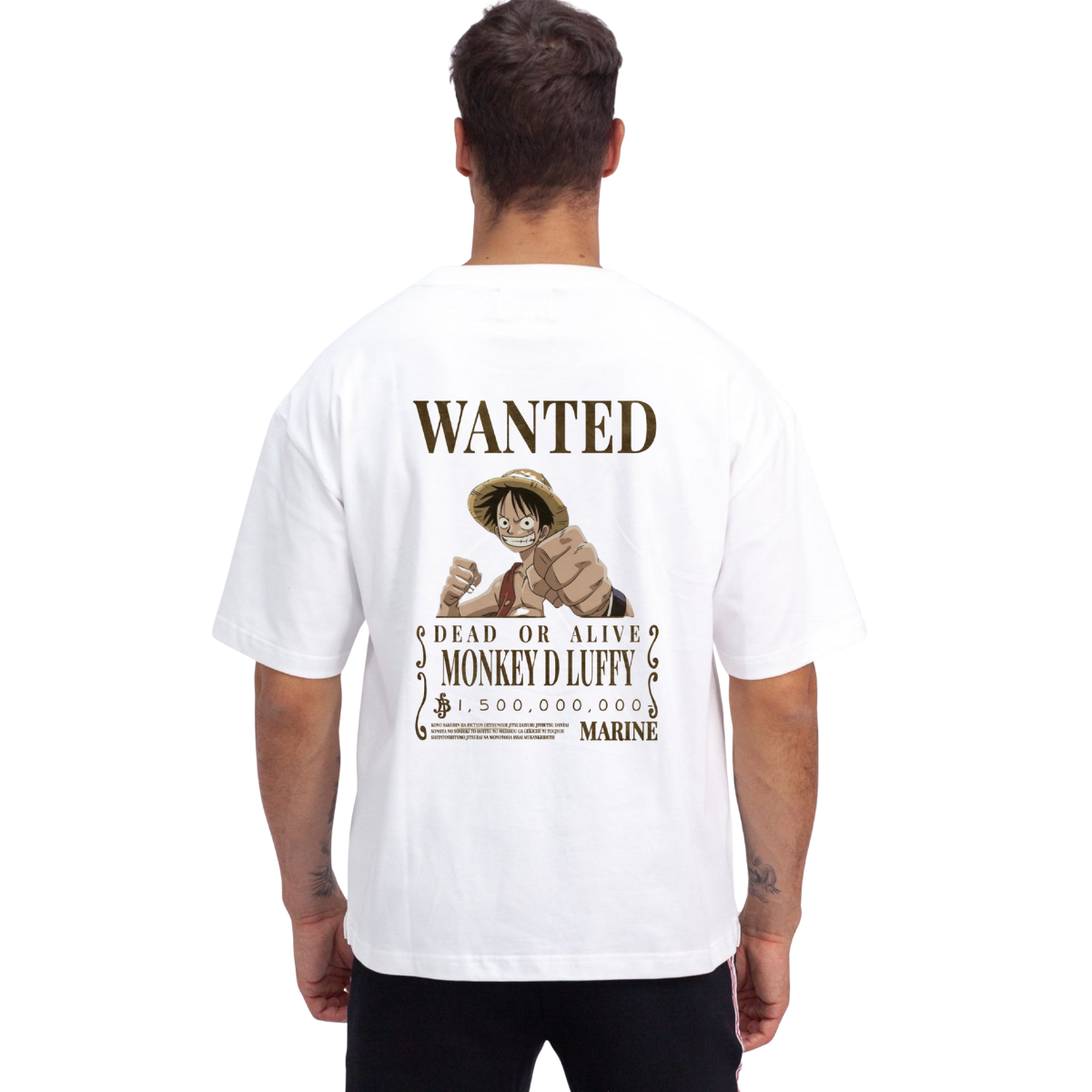 Person wearing a One Piece white t-shirt with a character design and text on the back.
