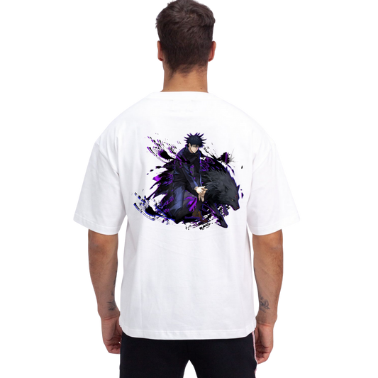 Person wearing aMegumi Fushiguro t-shirt with a graphic design on the back