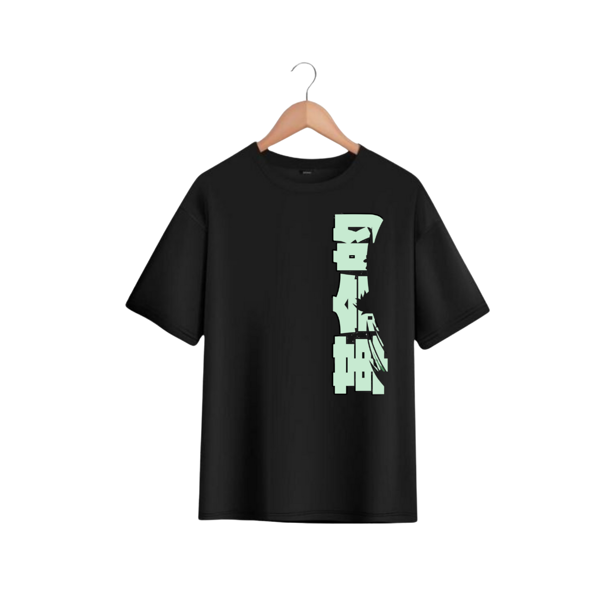 Monkey D Dragon Black t-shirt with green text on a hanger against a white background