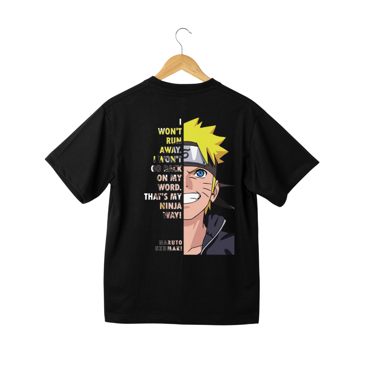 Black Naruto Uzumaki T-shirt with anime graphic and quote I won't run away, that's my ninja way