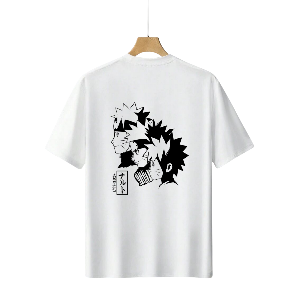 White Naruto T-shirt with black and white profile illustrations of Naruto Uzumaki's face evolution
