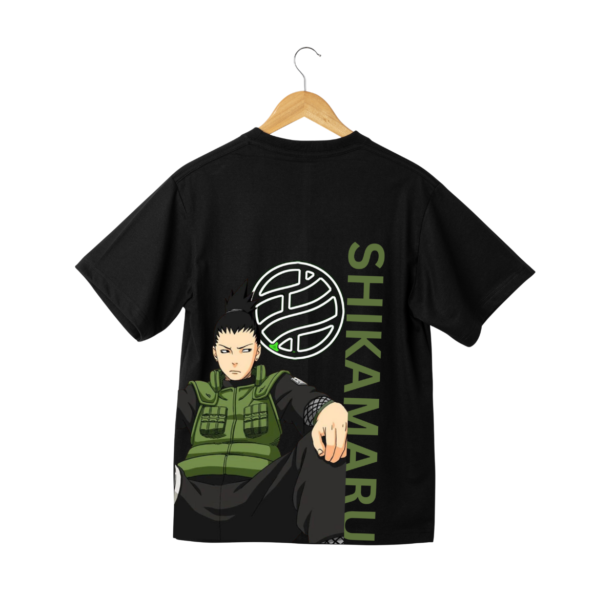 Black Shikamaru anime t-shirt with character graphic and logo on back hanging on wooden hanger