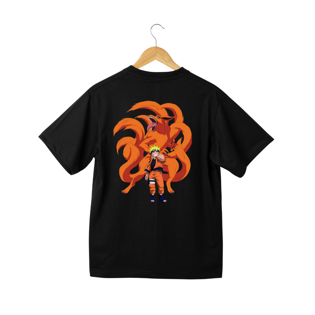 Black Naruto T-shirt with vibrant orange Nine-Tails fox graphic on back