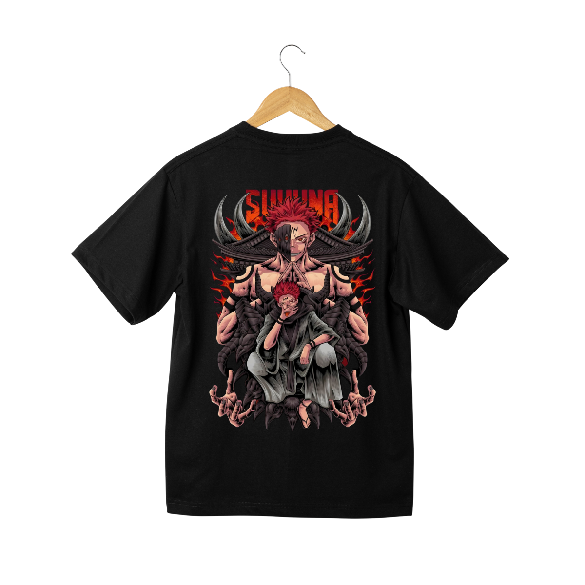 Ryomen Sukuna Black t-shirt with graphic design on a hanger