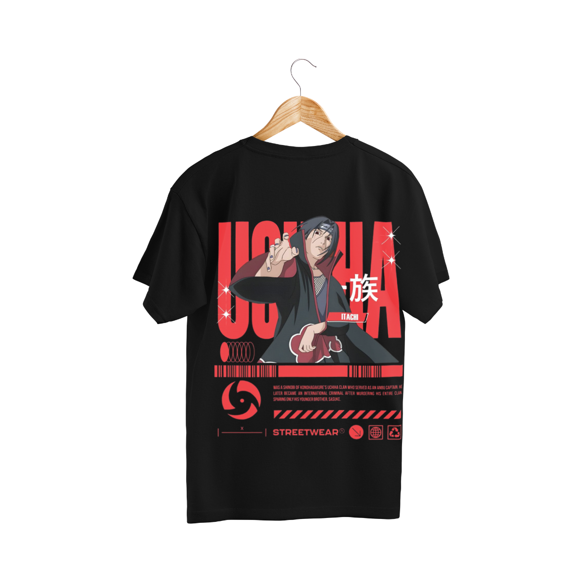 Itachi Uchiha Black t-shirt with red and white graphic design on a hanger against a Black background