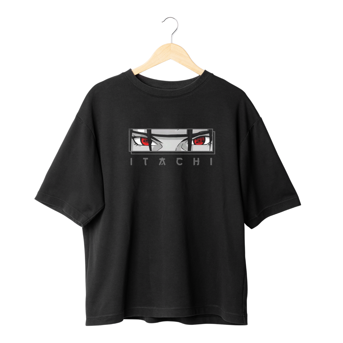 Itachi Uchicha Black t-shirt with graphic design and 'Itachi' text on a hanger against a Black background