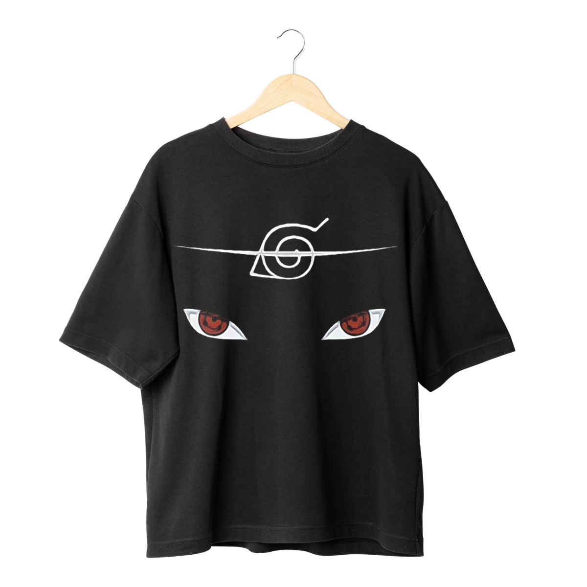 Itachi Uchicha Black t-shirt with eye design and symbol on a hanger against a white background