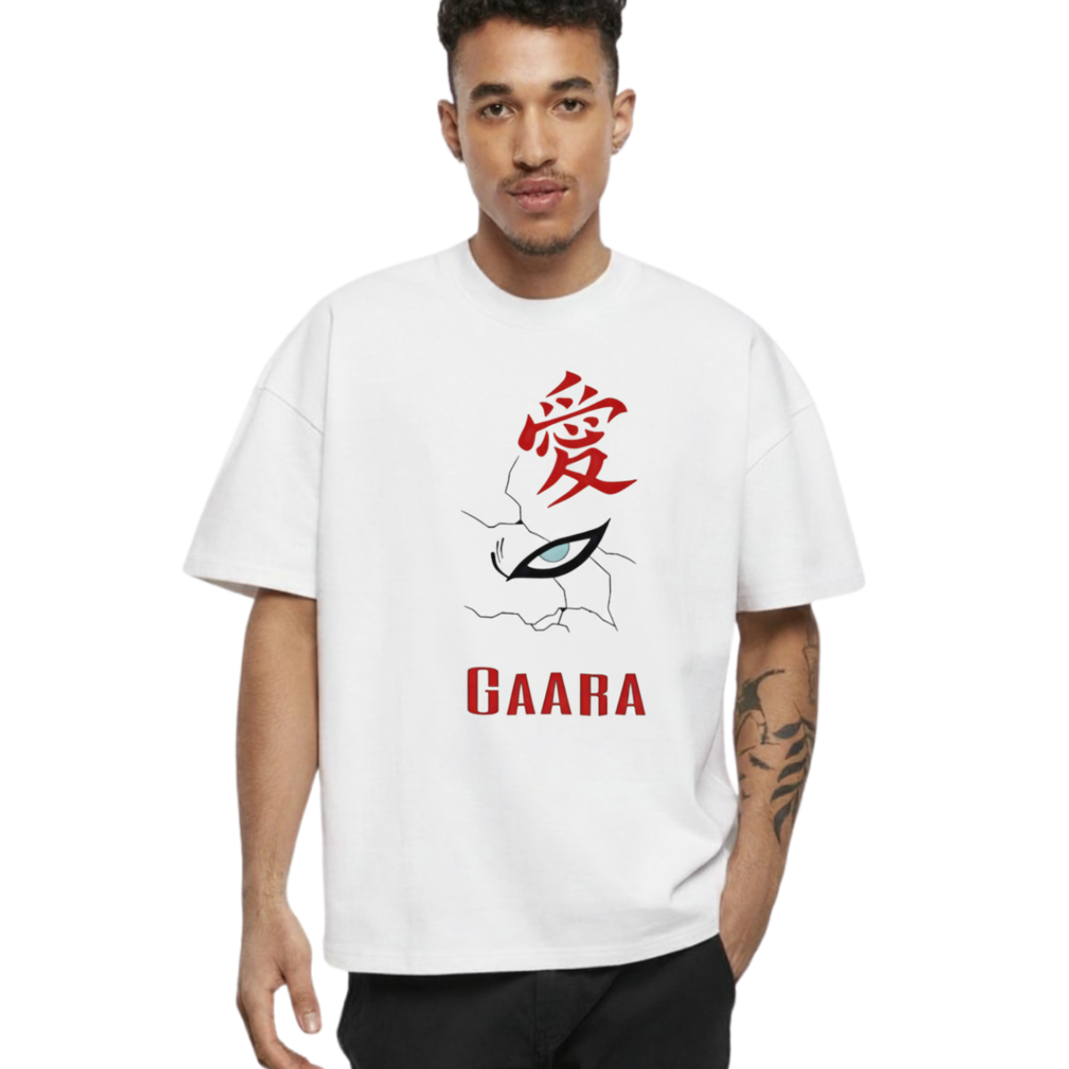 White Gaara T-Shirt featuring stylized cracked eye graphic and red kanji character
