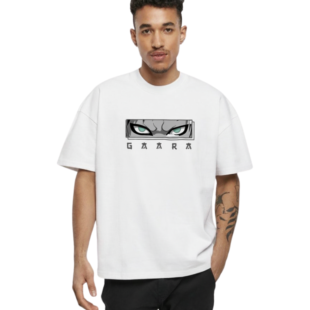 Man wearing white Gaara T-Shirt graphic tee with intense anime eyes and stylized text design