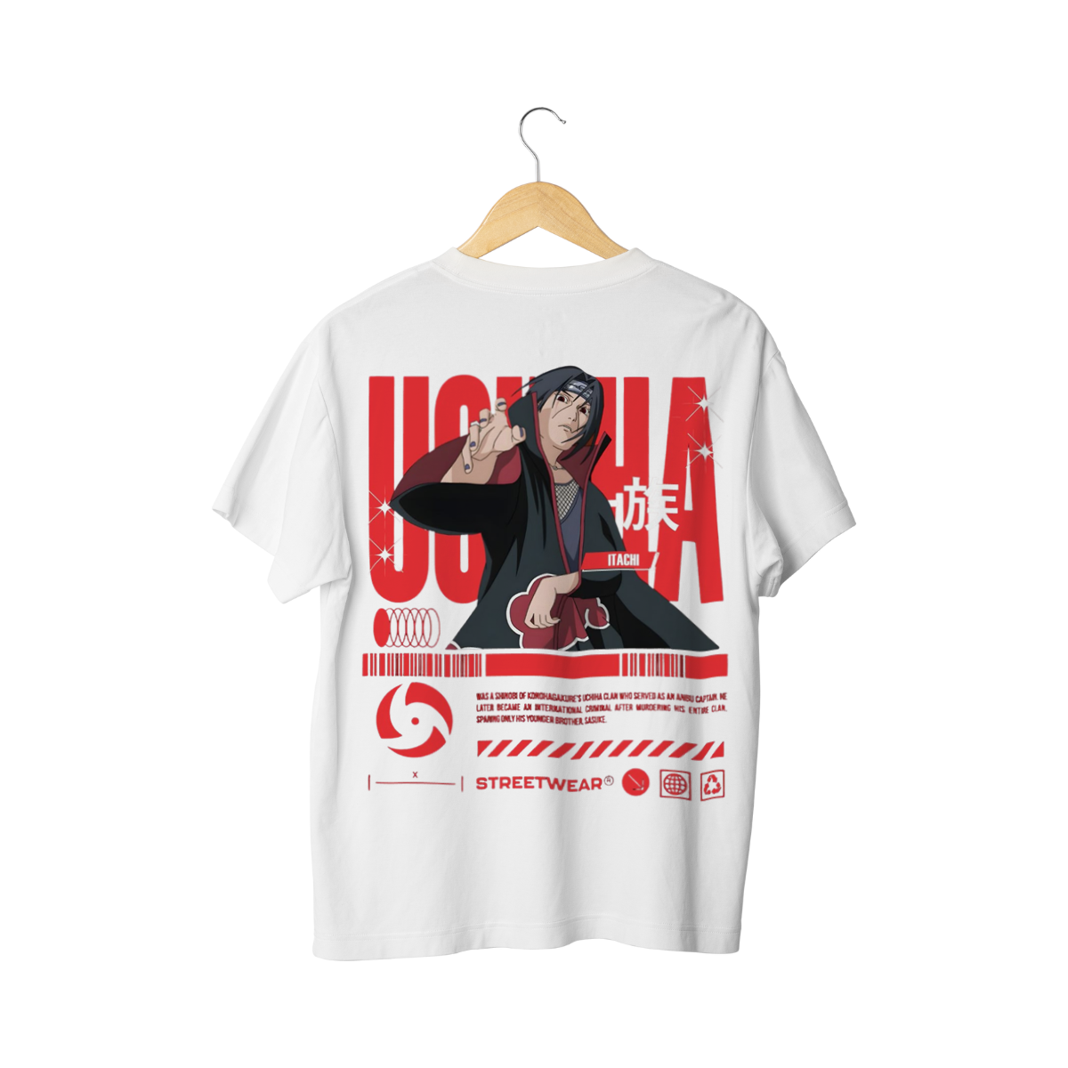 White Uchicha Itachi t-shirt with graphic design and text on a white background