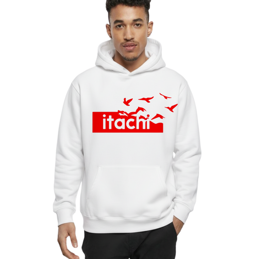 Man wearing white Itachi Uchicha Hoodie Crows Edition with red birds and text design