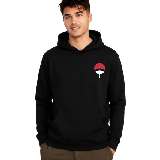 Man wearing black Itachi Uchicha Hoodie Red Moon Edition with red and white emblem on chest