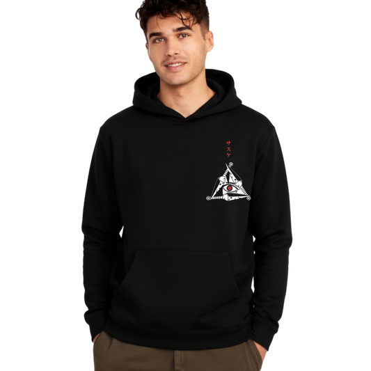 Man wearing a black hoodie with a pyramid design of itachi eye on a white background