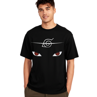 Black Itachi Uchiha T-Shirt with red Sharingan eyes and white Konoha symbol on front