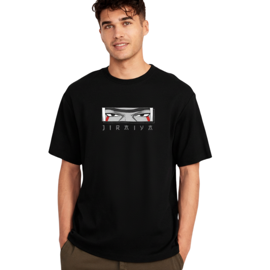 Man wearing black Jiraiya T-Shirt featuring intense eyes graphic and Jiraiya text from Naruto Sannin Edition