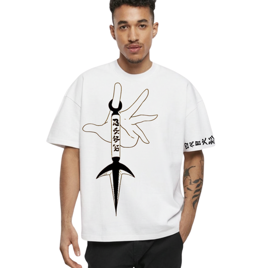 Man wearing white Minato Namikaze T-Shirt with black hand and kunai graphic and Japanese text on sleeve