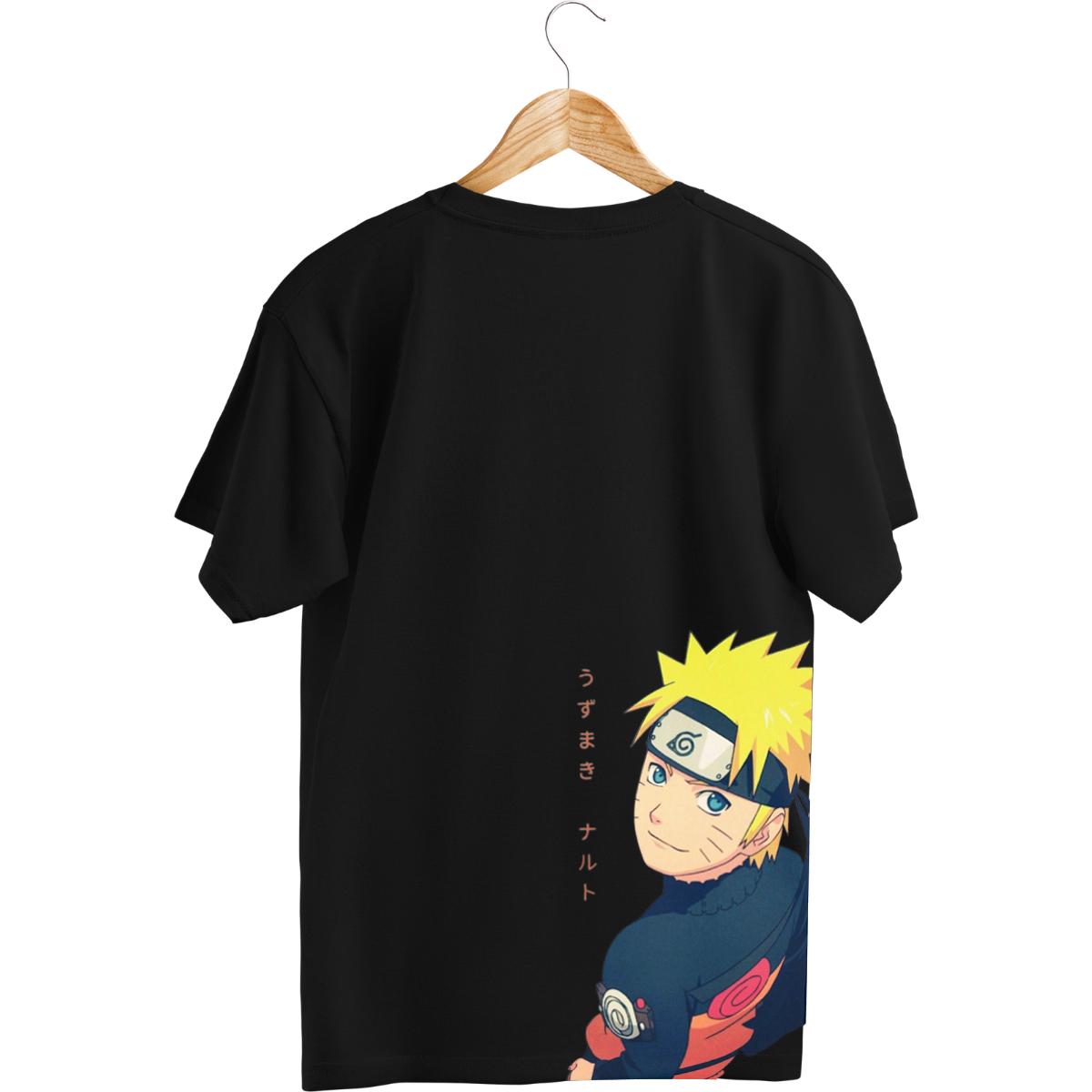 Black Naruto t-shirt with Naruto on a hanger against a Black background