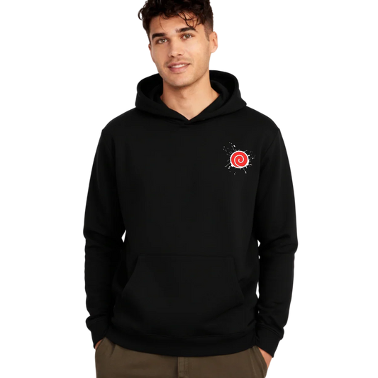 Man wearing black Nauto Uzumaki Hoodie with red spiral Uzumaki Clan emblem on chest