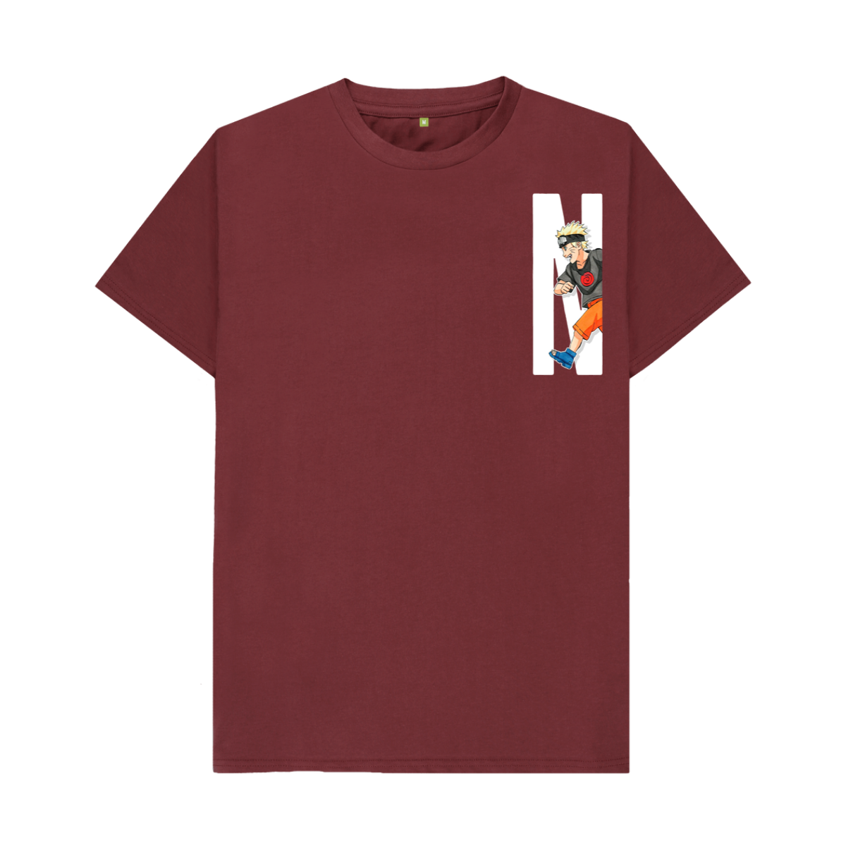 Maroon t-shirt with a graphic of Naruto on a white background
