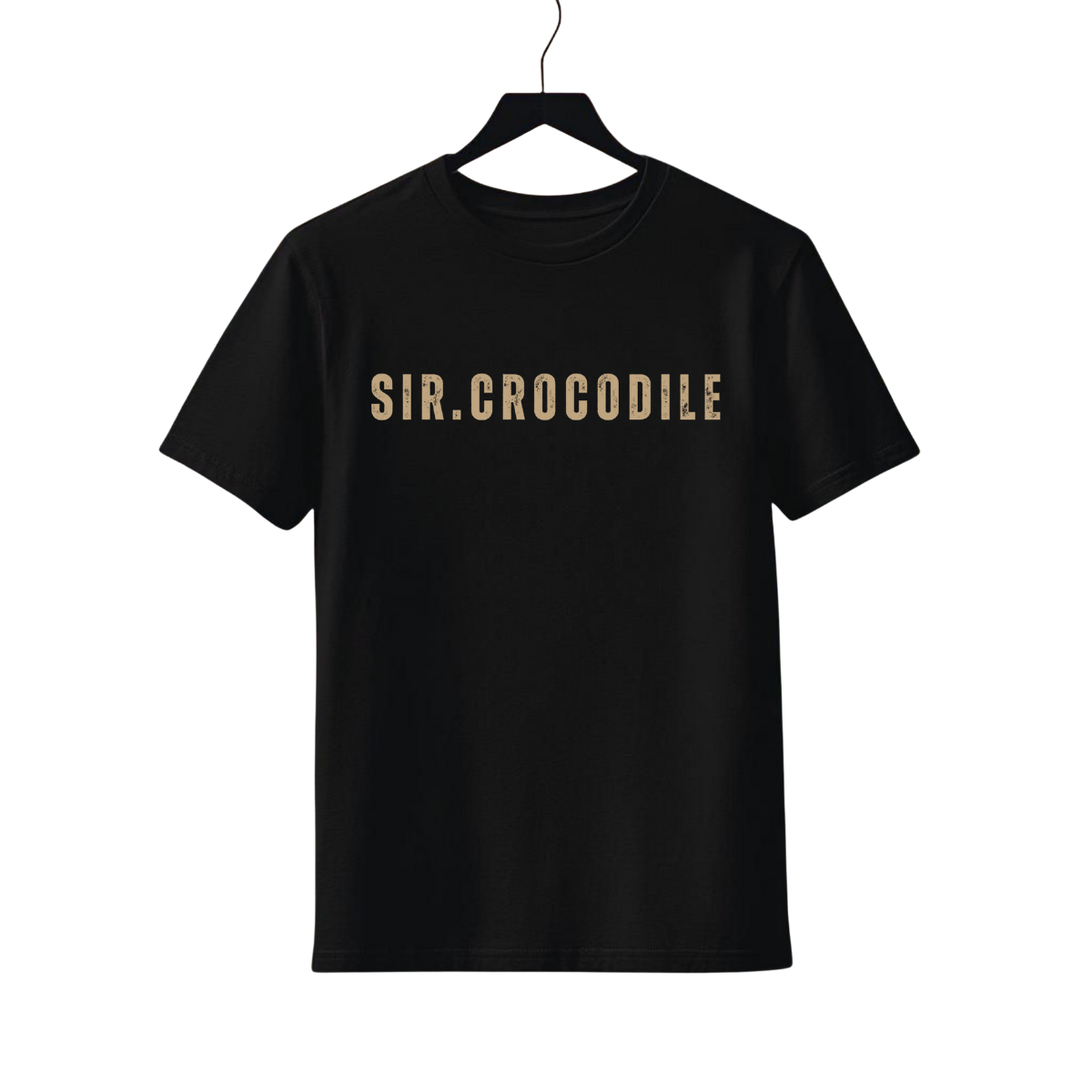 Black Sir.Crocodile T-shirt with beige bold text on front, casual unisex cotton tee