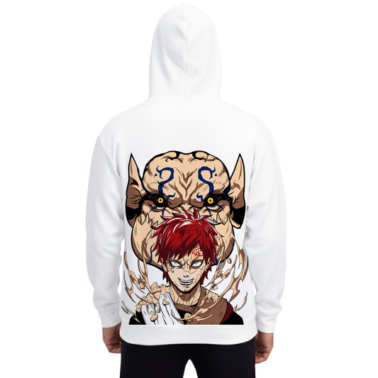 White hoodie featuring anime Gaara character with sand effects and demon face design on back