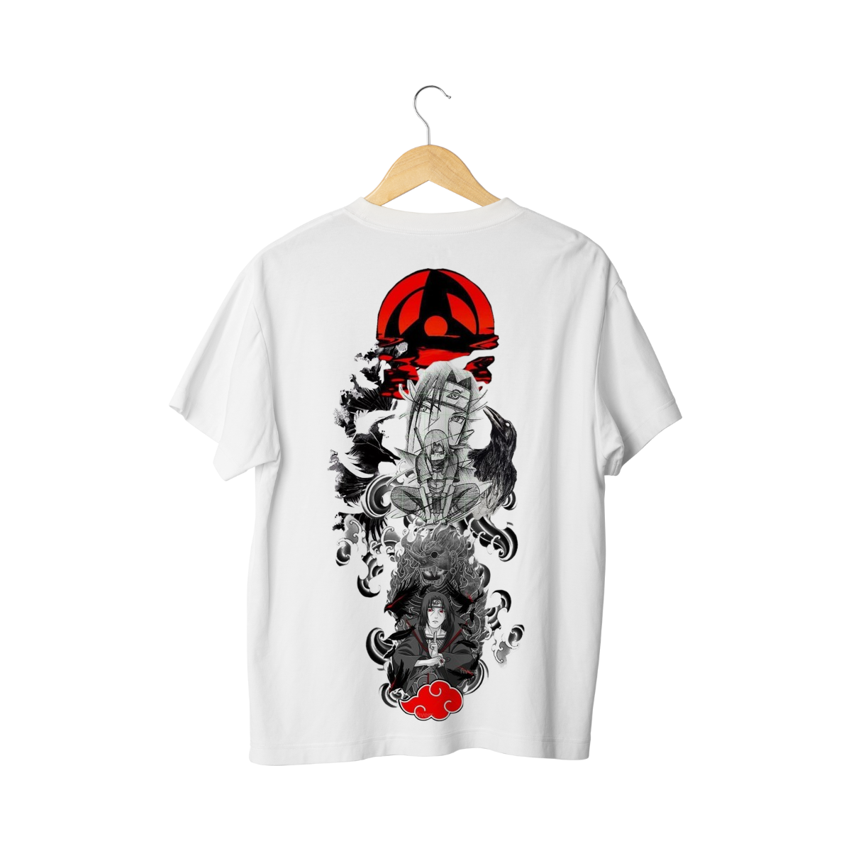 Itachi Uchicha White t-shirt with black and Itachi Uchicha red graphic design on a white background