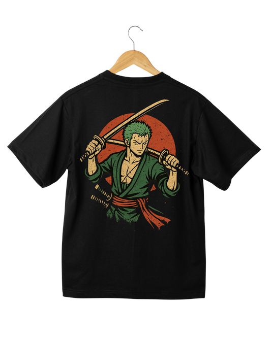 Black T-shirt Mockup featuring a samurai with swords and green hair against a red sun background