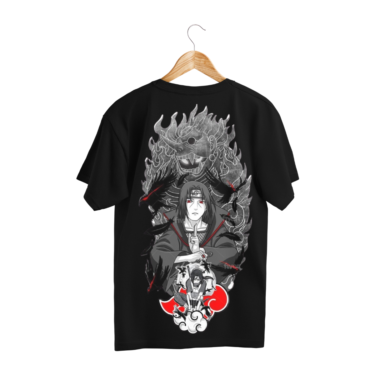 Itachi Uchicha Black t-shirt with a graphic design of a character and dragon on a hanger against a black background
