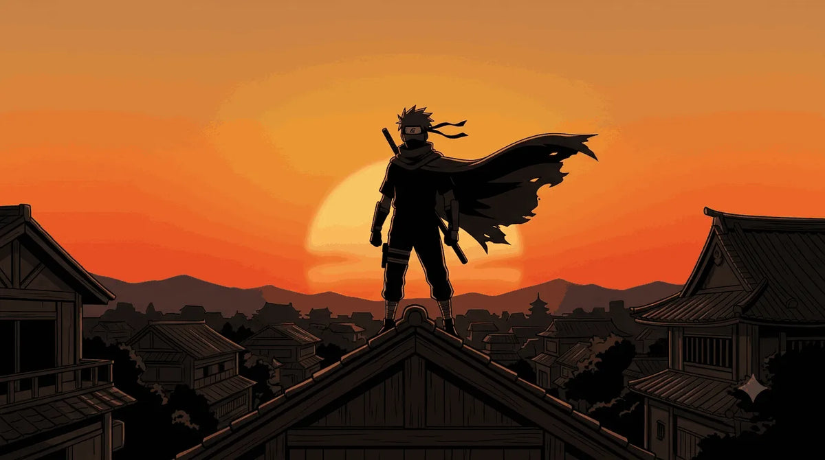 Naruto anime character standing on rooftop at sunset, wearing cloak and headband, overlooking village