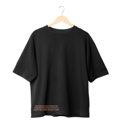 Black Naruto t-shirt on a wooden hanger against a white background