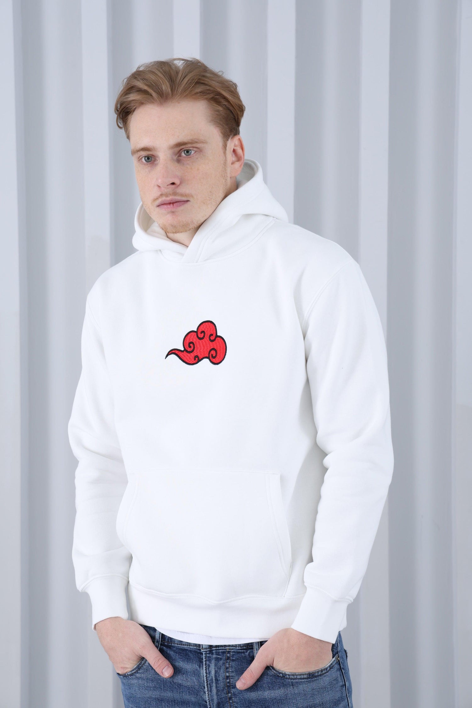 White hoodie with red Akatsuki cloud logo, anime streetwear for men