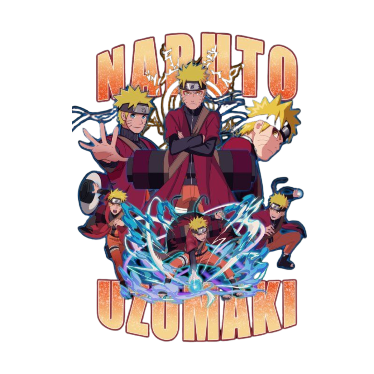 Naruto Uzumaki character design with stylized text on a white background